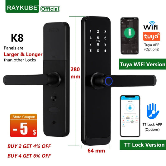 RAYKUBE K8 Tuya Wifi Smart Door Lock TT Lock Fingerprint Lock Digital Electric Lock With Longer Larger Handle Panels